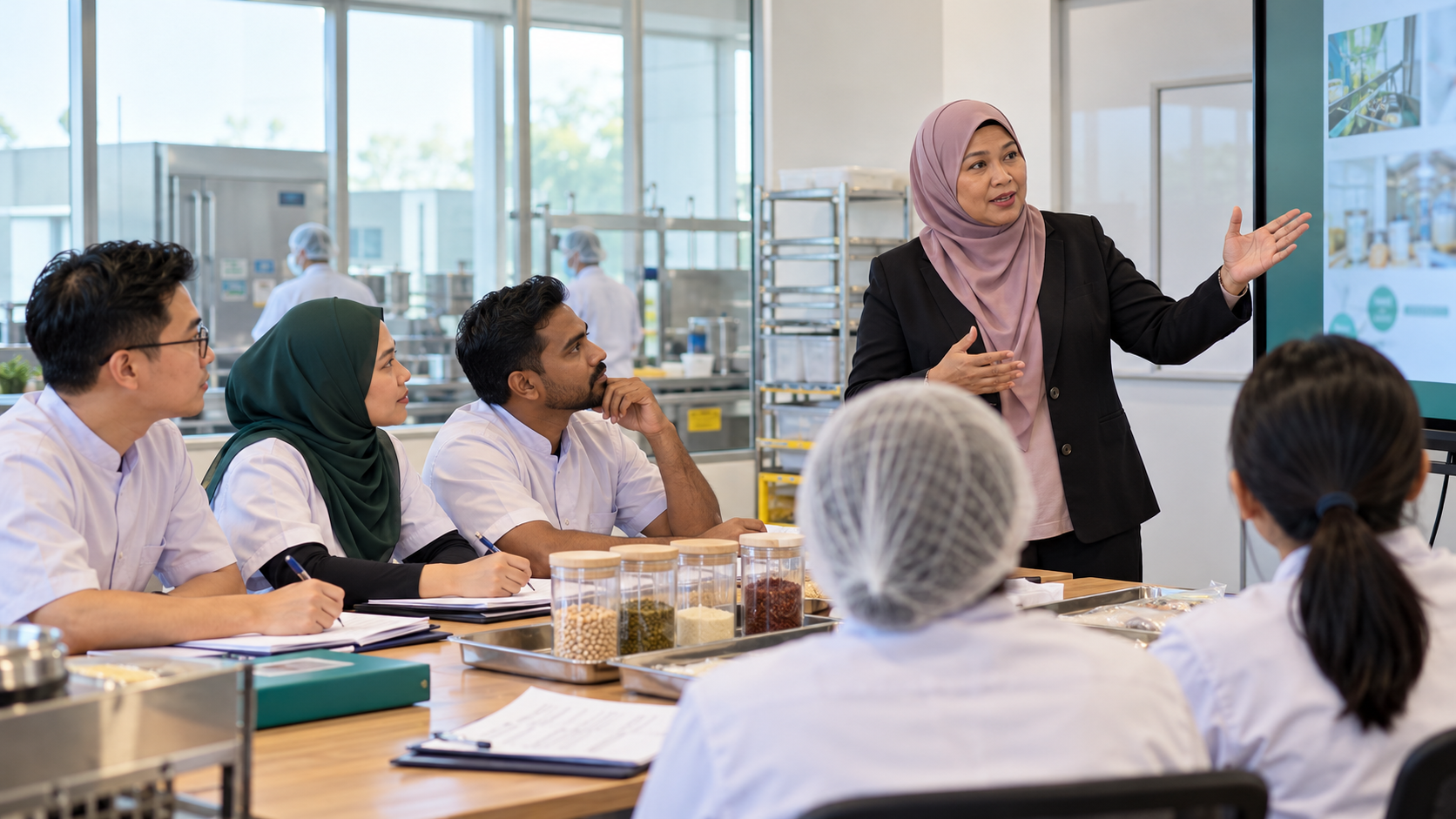 Jurulatih industri menerangkan latihan kesedaran halal kepada pekerja di bilik latihan pemprosesan makanan