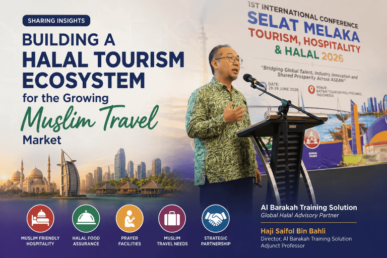 Haji Saifol Bin Bahli delivering a keynote presentation on Halal Tourism and Muslim Friendly Hospitality at the 1st International Selat Melaka Tourism, Hospitality & Halal Conference 2026 in Batam, Indonesia.