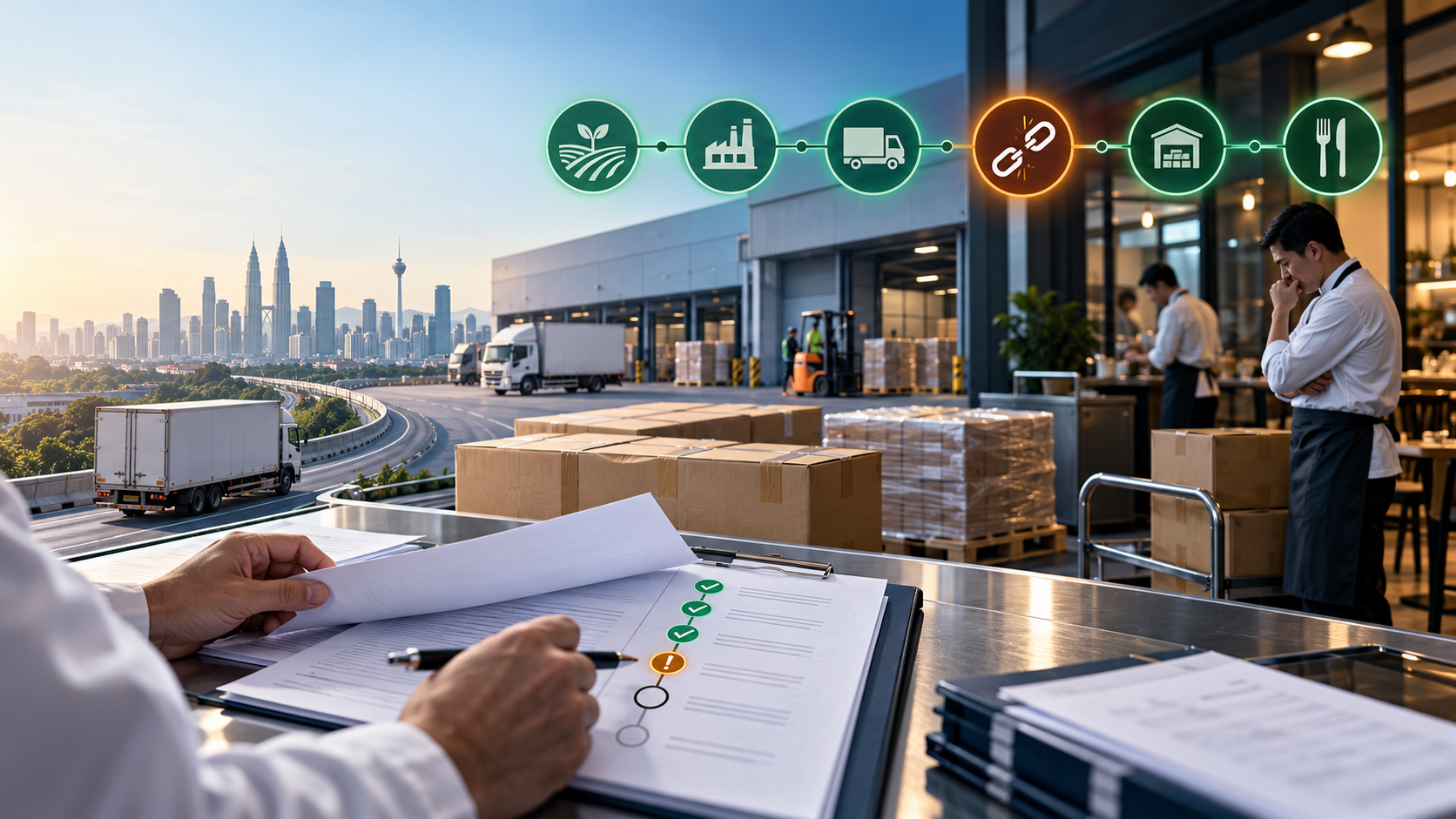 Illustration of supplier records, food production, warehousing and distribution connected by a disrupted supply-chain link.
