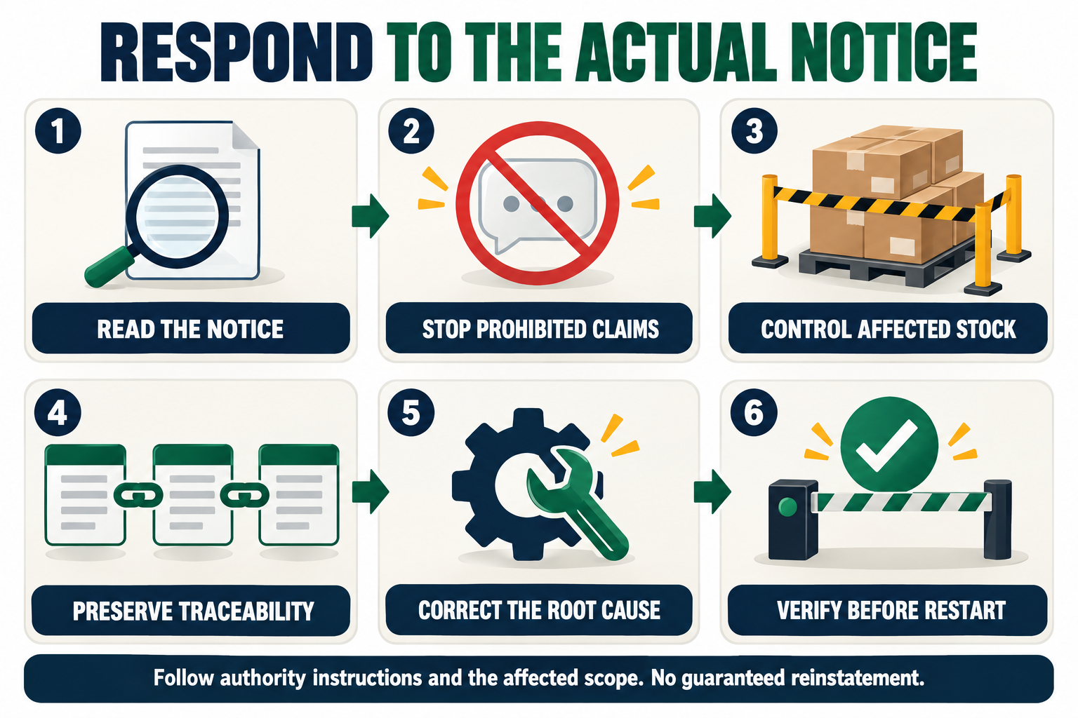Six response priorities: read the notice, stop prohibited claims, control affected stock, preserve traceability, correct root cause and verify before restarting.