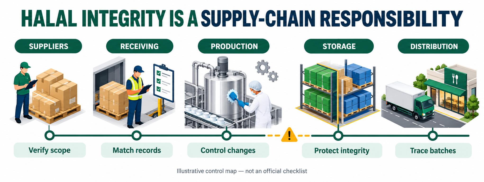 Halal control map from suppliers and receiving through production, storage and distribution, with verification, records, change control, integrity and traceability checks.